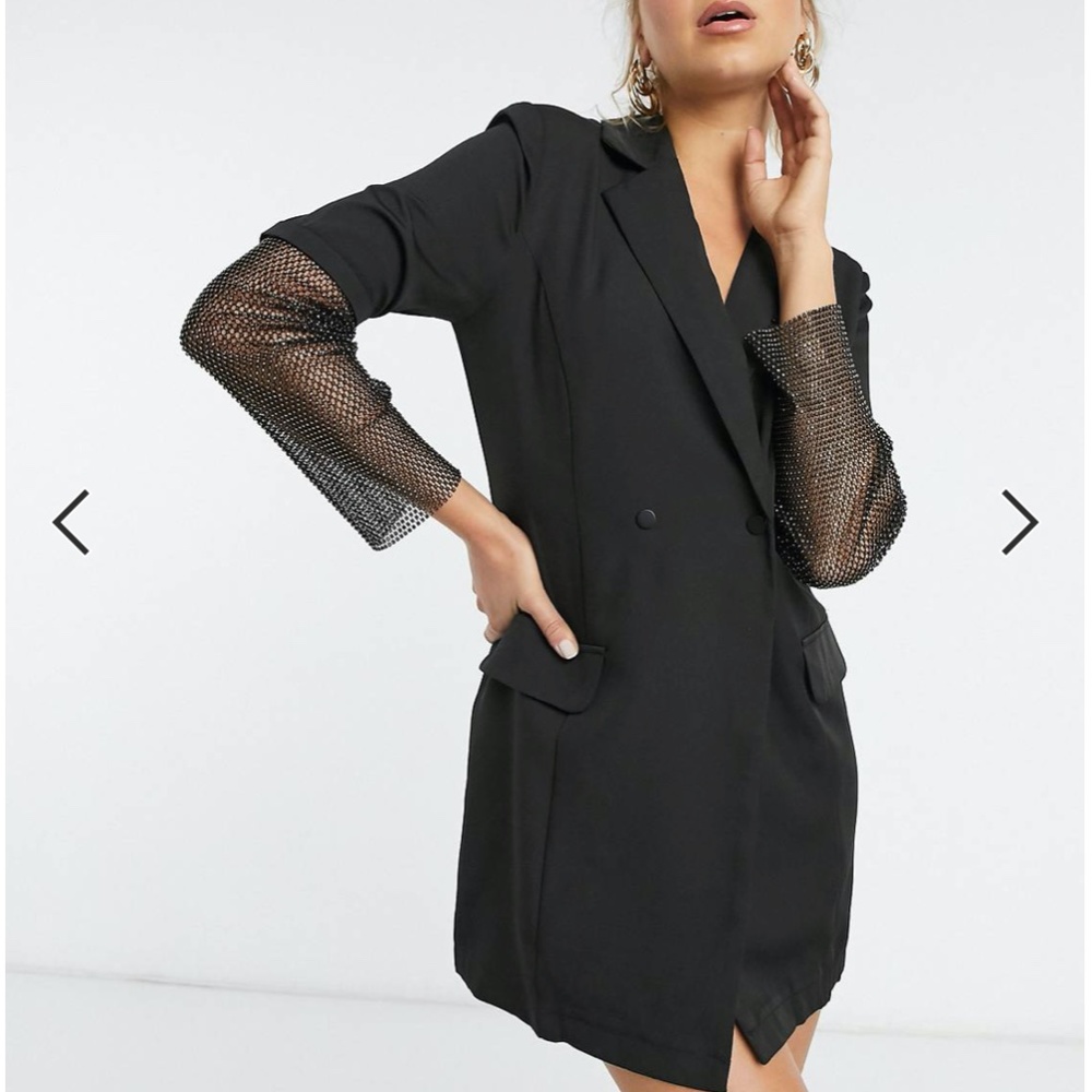 Saint Genies tuxedo blazer dress with diamonte net sleeve detail in black